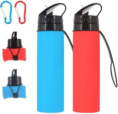 Immagine prodotto di Ibenzoa® Set di 2 bottiglie pieghevoli in silicone – 600 ml, a prova di perdite e senza BPA, con moschettone, ideali per attività all'aperto e sportive