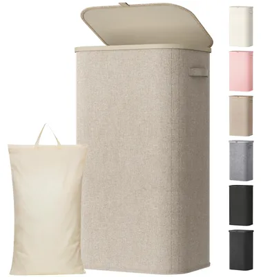 Productafbeelding van Wasmand met deksel, 105 liter, hoge wasmand met kunststof frame, opvouwbare grote wasmand, wasmanden voor slaapkamer en badkamer, beige