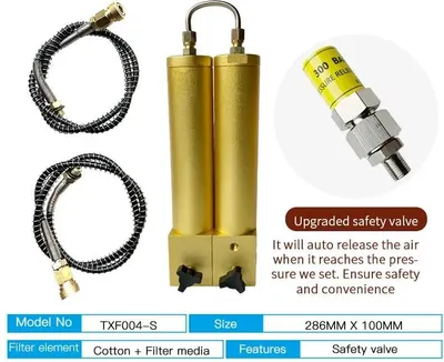 Obrázek produktu pro Odtokový filtr pro kompresory – vysokotlaký vzduchový filtr – 300 bar / 4500 psi – dvoustupňová filtrace – pro potápění a PCP – L286 mm, bezpečnostní ventil