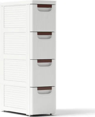 Produktbild von Schmaler Rollschrank, Kommode mit 4 Schubladen auf Rollen für kleine Räume, platzsparender Schubladenschrank aus Kunststoff für Wohnzimmer, weiß
