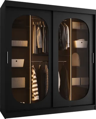 Produktbild von MIRJAN24 Kleiderschrank Bahrajn 180, Schwebetürenschrank, Garderobe (Farbe: Schwarz, Größe: 180 cm, mit Schubladen und mit Weisser LED Beleuchtung)
