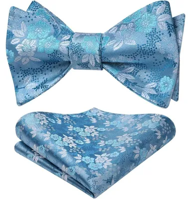 Immagine prodotto di Set di fazzoletti da taschino da uomo, motivo floreale jacquard, azzurro chiaro, con nodo preformato