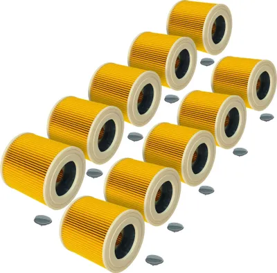 A collection of cylindrical yellow air filters arranged in a diagonal pattern.