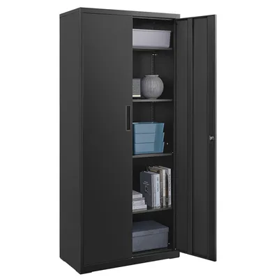 A black metal storage cabinet with its doors open, showing shelves filled with various items.