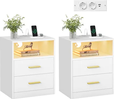Produktbild von VASAGLE Beistelltisch mit Schubladen, 2er Set, Nachttisch aus Holz, Schlafzimmer, Massivholzbeine, weiß