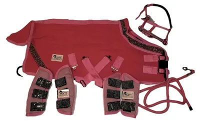 Produktbild von Zoe Set Abschwitzdecke Halfter Strick Transportgamaschen Rot Schwarz Rosa Glitzer 70 80 90 100 Minishetty Shetty Tysons