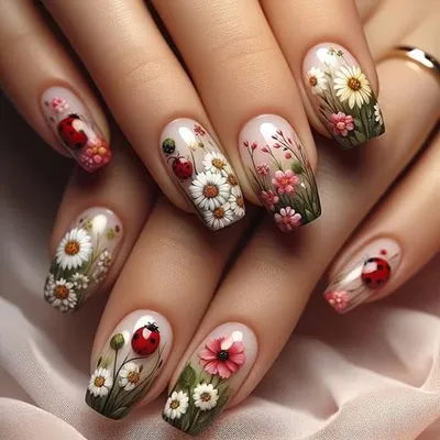 Produktbild von GKA Künstliche Fingernägel 24p G54 Blumen und Marienkäfer zum Aufkleben press on Nails Klebepads mit Kleber und Nagelfeile Nägel Kunstnägel Express