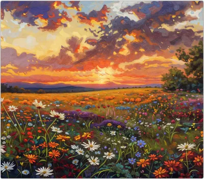 Produktbild von Spritzschutz Herdabdeckplatte Schneidebrett aus Glas Blumenwiese Sonnenuntergang 1-Teilig (60x52cm)