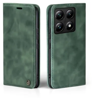 A green flip case for a smartphone is shown from two angles.
