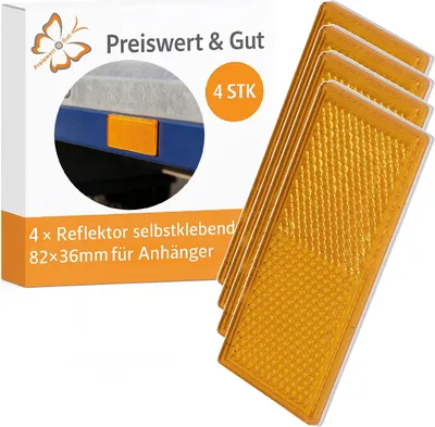 Produktbild von 4x Seitenreflektoren Anhänger rechteckig selbstklebend 82x36mm Reflektor Wohnmobile mit E4 als Rückstrahler