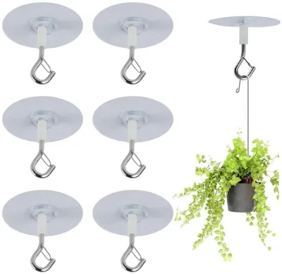 Obrázok produktu pre Samolepiace háčiky na strop – sada 6 kusov – 6,5 cm – Extra silné samolepiace háčiky s bezpečnostnou západkou – závesné háčiky na kvetináče, dekorácie