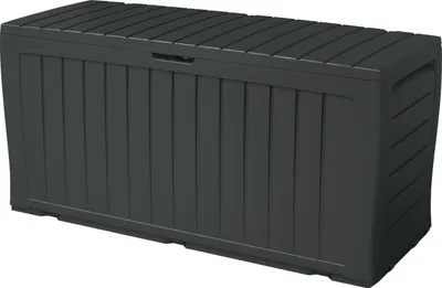A dark gray storage box with a slatted lid and vertical ribbed sides, shown from a slightly elevated front-left angle.