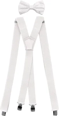 Produktbild von Fabio Farini - 1 Stück Herren Hosenträger Pack 3cm X-Form mit passender Fliege Set Weiß 3cm Hosenträger - Weiß Unifarben Karo Struktur Fliege