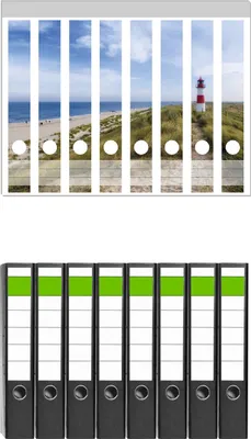 Produktbild von Wallario 8 Stück schmale Ordner inkl. Klebeetiketten mit Motive Am Strand von Sylt  Leuchtturm auf der Düne  Panorama -  Set mit Rückenschildern / Ordnerrücken Stickern