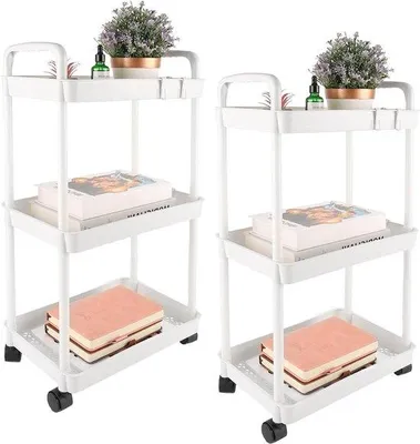 Image de Ensemble de 3 chariots de cuisine, chariots de cuisine blancs, chariots multifonctionnels à roulettes pour la cuisine, la salle de bains, la buanderie et la chambre à coucher, 41 x 25 x 75 cm