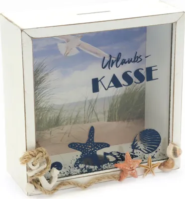 Produktbild von Spardose - Urlaubskasse - Sparbüchse Urlaub Reisekasse Sparschwein Geldgeschenk aus Holz mit sommerlichen Hintergrund 15*15*6cm