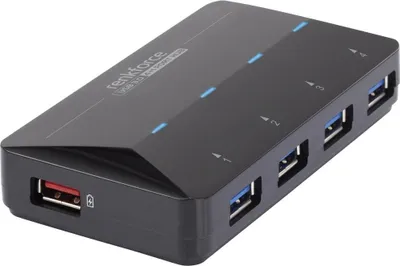 Produktbild von Renkforce RF-3806031 USB-Hub 4 Port USB-A USB 3.0 5 GBit/s mit Schnellladeport, mit Status-LEDs Schwarz