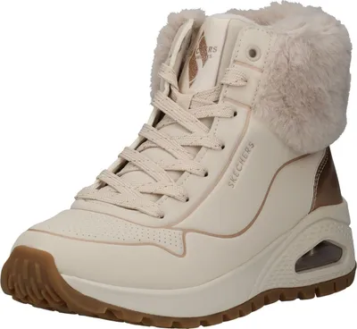 A single beige high-top sneaker with faux fur trim is shown against a white background.