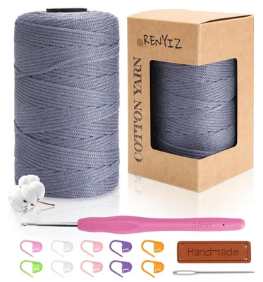 Image de Fil pour crochet et macramé, 2,5 mm, 250 g, 210 m, 100 % coton, couleur gris, avec crochet et accessoires