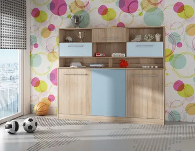 A bedroom or playroom setting with a wall unit, window, and floor.