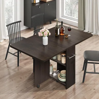 Image de Table pliante avec étagères et roulettes, dimensions 120x60x75 cm, couleur marron