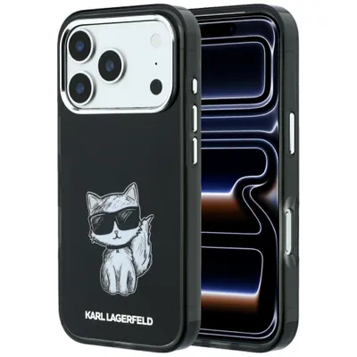 Zdjęcie produktu dla Etui Karl Lagerfeld do iPhone 18 Pro, kompatybilne z MagSafe, wykonane z tworzywa sztucznego, czarne, z motywem kota Choupette i logo