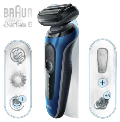 Zdjęcie produktu dla Braun Series 6 61-B1500s, Golarka foliowa, Niebieski, Przyciski, LED, Bateria, Wbudowana bateria