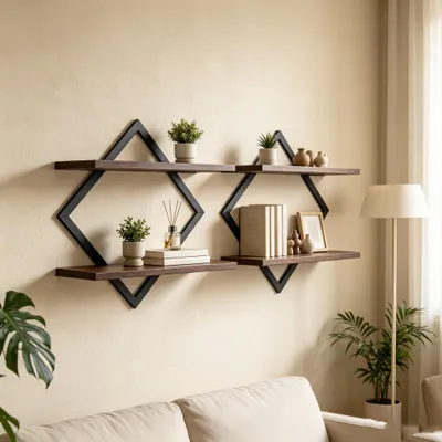 Produktbild von 2er-Set Wandregal,Schweberegal im Rauten-Design,Deko Regal für Wände,2-stöckige Hängeregale,Metallgestell,für Wohnzimmer,Schlafzimmer,Küche & Büro