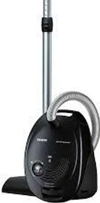 A black vacuum cleaner with a silver telescopic tube and hose, set against a white background.