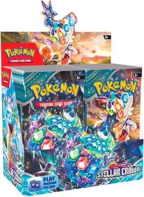 A display box of Pokemon TCG booster packs.