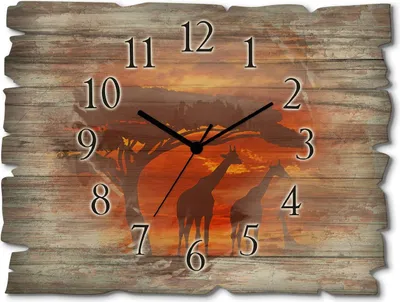 Produktbild von ARTland Holz Wanduhr Funkuhr - schwarzer Zeiger Herde von Giraffen im Sonnenuntergang Größe: 40x30 cm