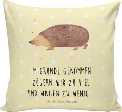 Produktbild von Mr. & Mrs. Panda kuschelkissen 40x40 Igel Herzen - Gelb Pastell - Geschenk, Leben, Kuss, Polster, Kissen, Liebe, Herz, Sofa, Dekokissen, Lustige Sprüche
