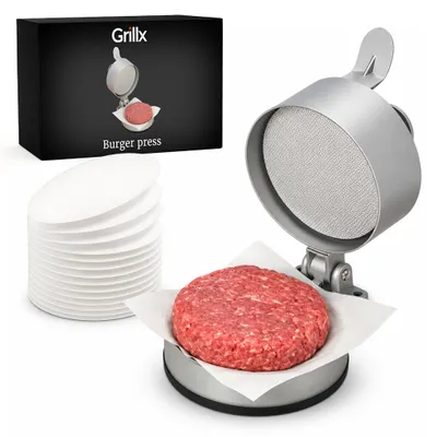 Produktbild von Grillx Burgerpresse - Inkl. 100x Wachspapier - Professioneller Burgerformer - In der Dicke Verstellbar - Burger Presse / Former