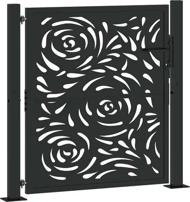 A black metal garden gate with a decorative floral pattern, shown in isolation against a white background.