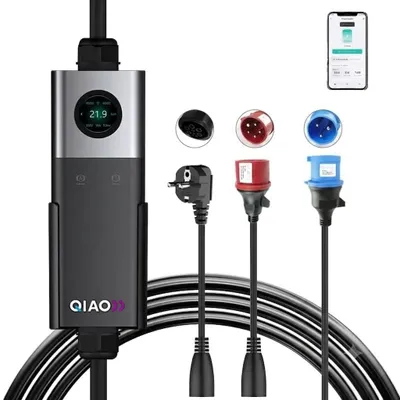 Image de Kit  chargeur portable Qiao 11 kW 16 A, triphasé, câble de 6,5 m de type 2 avec fiche F/E, CEE 32 A rouge/bleu, CEE 16 A pour véhicules électriques