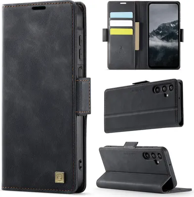 Produktbild von Lederhülle für Samsung Galaxy A15 5G/4G, RFID Schutz Handyhülle mit Magnetverschluss, Kartenfächern und Ständer Schwarz