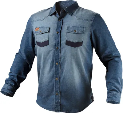 Image de Chemise NEO TOOLS pour hommes, manches longues, avec col classique, aspect denim, taille M, 100% coton 380 g/m2, boutons métalliques, coudes renforcés avec tissu Oxford