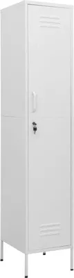 A white metal locker with a lock and handle.