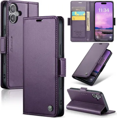 Produktbild von Lederhülle für iPhone 17 Brieftasche Kartenfach Schutzhülle mit Standfunktion Lila