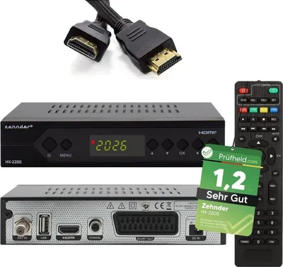 Produktbild von Zehnder HX 2200 Sat Receiver + HDMI Kabel, mit Aufnahmefunktion, HD fähig, Full HD, Digital Sat-Receiver für Satellitenschüssel Satelliten TV Fernseher, HD-Receiver