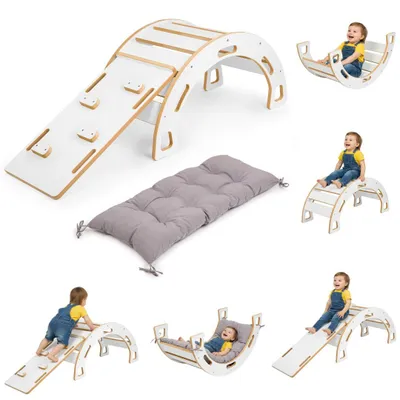 Image de Balançoire Montessori en bois pour enfants OBUBU, balançoire Montessori en bois, cadeau pour bébé, toboggan et mur d'escalade, matelas de sommeil, coussin arqué, 4 en 1