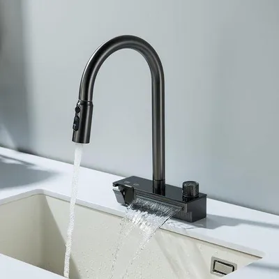 Obrázek produktu pro Otočný výtokový kohoutek s výsuvnou hadicí, 4 polohy, 360°, šedý, nerezová ocel