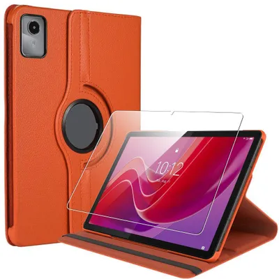 Image de Coque + Verre Trempé pour Lenovo Tab M11, Etui Rotatif 360° Multi-Angle Antichoc Effet Cuir Orange