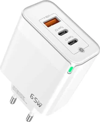 A white USB-C fast charger with multiple ports.