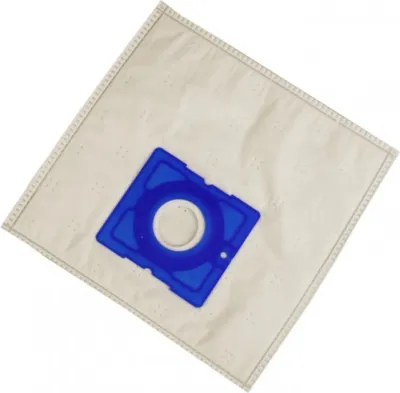 A vacuum cleaner bag with a blue plastic fitting.