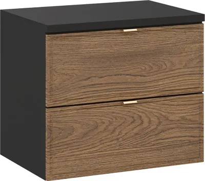 A product shot of a two-drawer cabinet with a wood-grain finish and black sides and top.