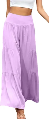 Image de ASKSA Pantalon en lin pour femmes, Été Élégant Taille Haute Jambe Large Pantalon Léger, Violet Clair, Taille : XL