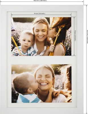 A white multi-photo frame with two photos of a mother and her children.