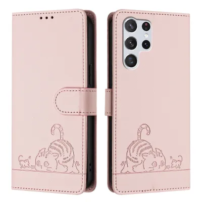 Produktbild von Leder Hülle für Samsung Galaxy S22 Ultra 5G Süße Katze Flip Case Brieftasche Schutzhülle mit Standfunktion Pink
