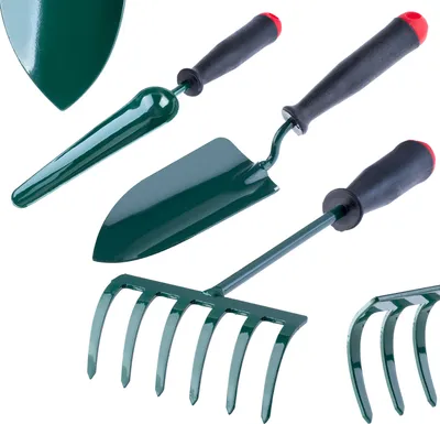 A set of three gardening tools: a trowel, a shovel, and a rake, arranged diagonally against a white background.